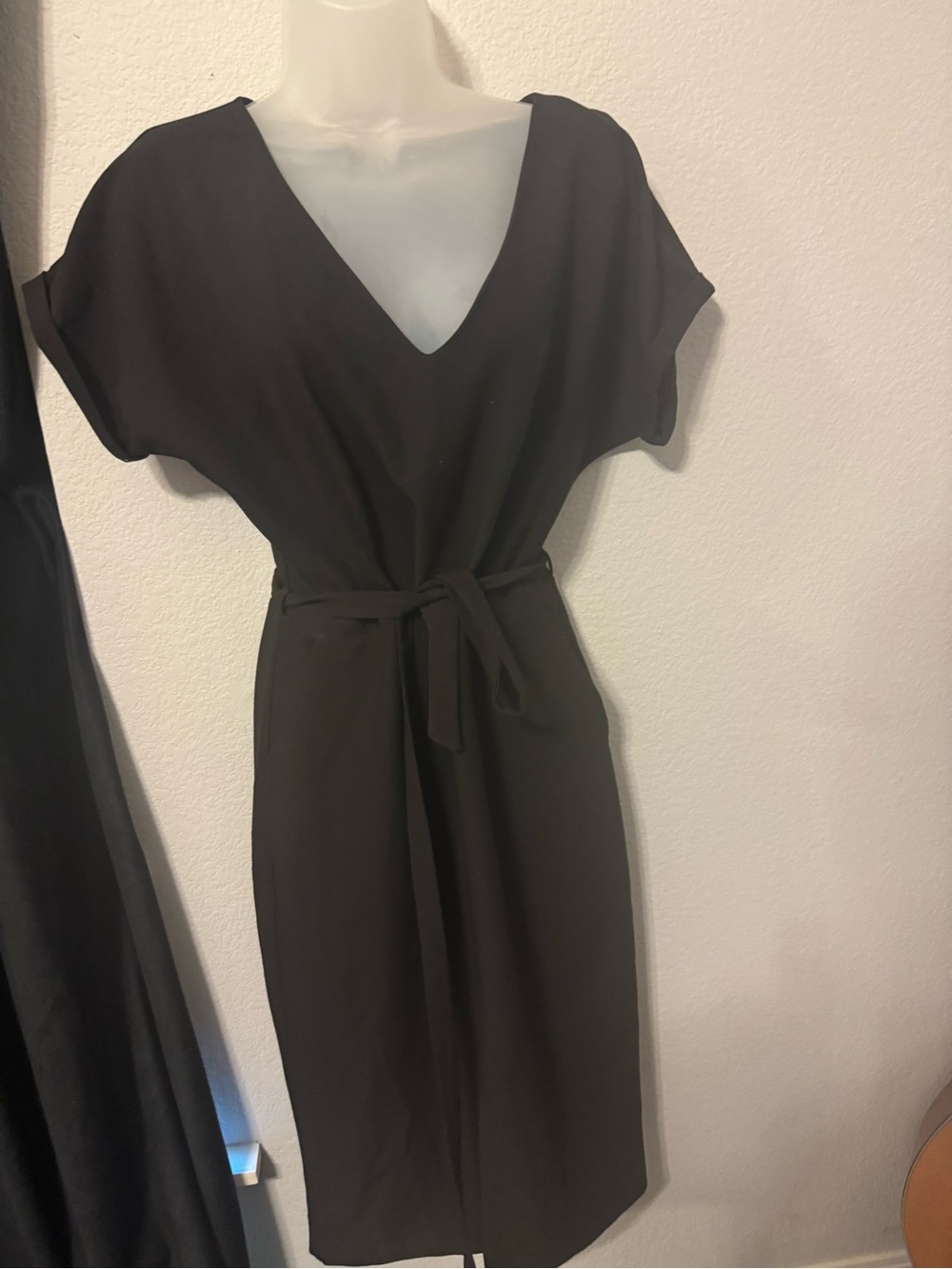 Miss Selfridge Black V-Neck Midi Dress with Self-Tie Belt